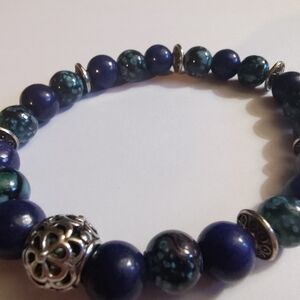 Elegant Blue Beaded Bracelet Natural Stone Silver Accents